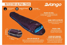 Load image into Gallery viewer, Technical diagram of of Vango Nitestar 250S (short) childrens sleeping bag in pheonix purple