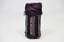 Load image into Gallery viewer, Vango Nitestar 250S (short) childrens sleeping bag in pheonix purple in bag stood on end