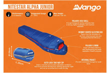 Load image into Gallery viewer, Technical view of Vango Nitestar Junior Children's Sleeping Bag in Classic Blue