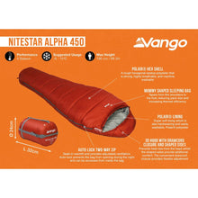 Load image into Gallery viewer, Vango Nitestar Alpha 450 4 season childrens sleeping bag tech sheet