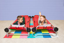 Load image into Gallery viewer, Red Kid O Bunk Childrens Camping Bunk Beds, shown with two children on single beds
