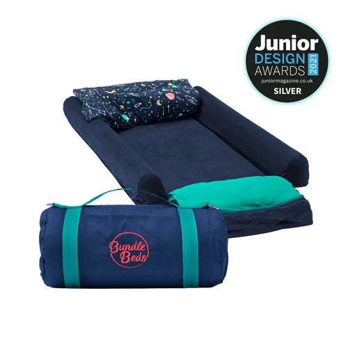 Toddler Bundle Bed Camping and Sleepover Bed, in Space Design. The best camping and sleepover toddler bed, shown rolled out, rolled up, and bundled.
