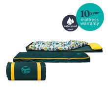 Load image into Gallery viewer, Junior Bundle Bed Camping and Sleepover Bed, in Adventure Design. The best camping and sleepover kids bed, Shown rolled out, rolled up, and bundled.