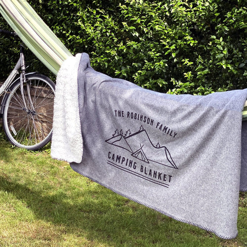 Personalised Family Camping Blanket hung over hammock