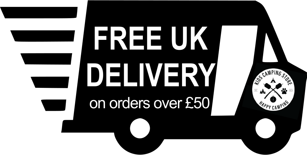 Block image of Kids Camping Store truck with free delivery written on the side
