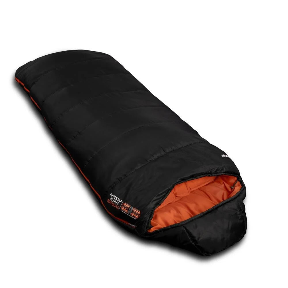 Vango Nitestar Alpha 300 Quad Sleeping bag in Pirate Black viewed at an angle