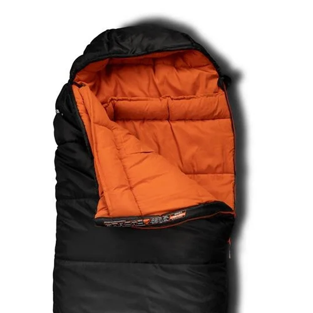 View of the upper half of the Vango Nitestar Alpha 300 Quad in Pirate Black with the neck open, on a white background
