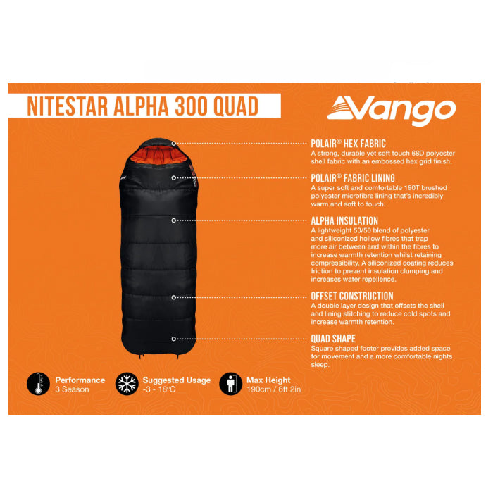 Technical sheet showing details of the Vango Nitestar Alpha 300 Quad in Pirate Black