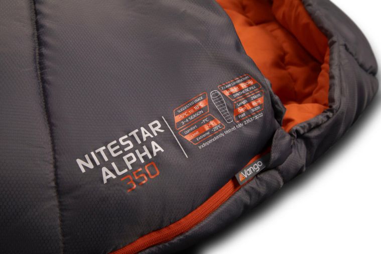 Close up of the neck area of the Vango Nitestar Alpha 350 Excalibur sleeping bag on a white background