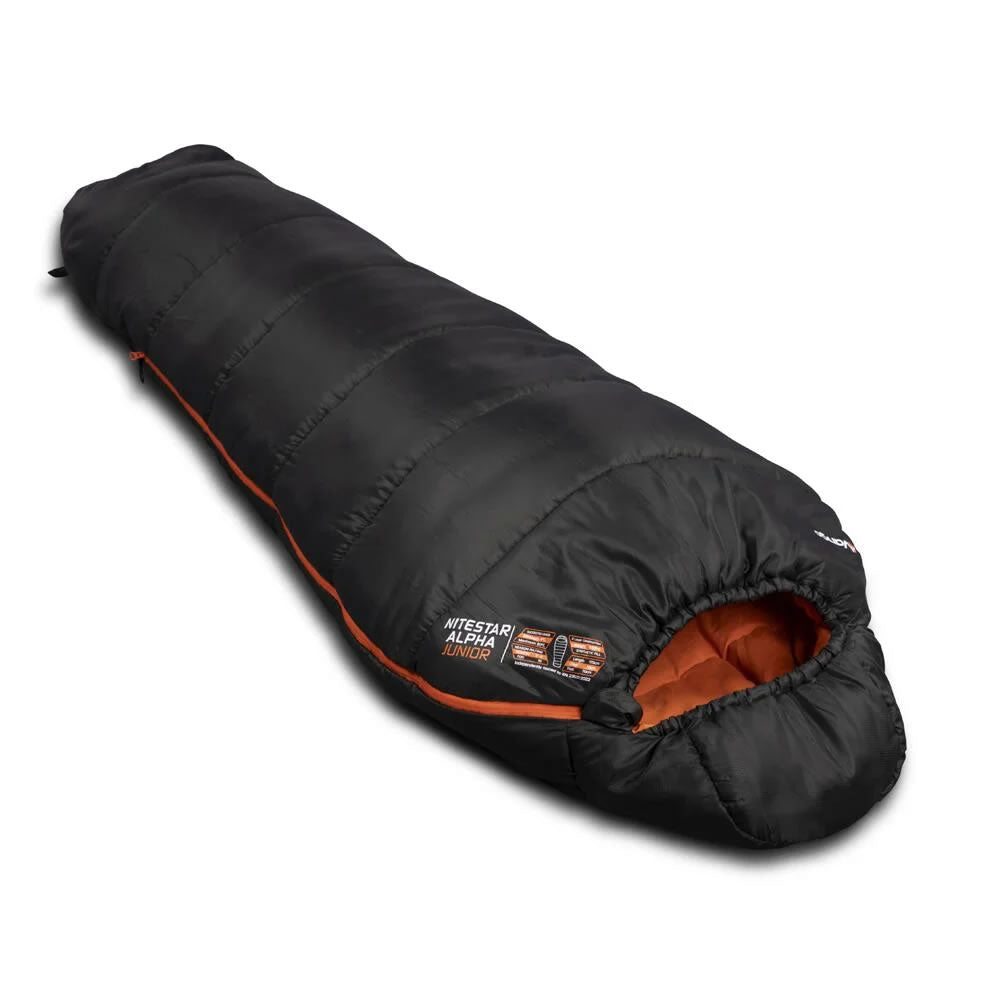 The Vango Nitestar Alpha Junior Pirate Black viewed at an angle on a white background