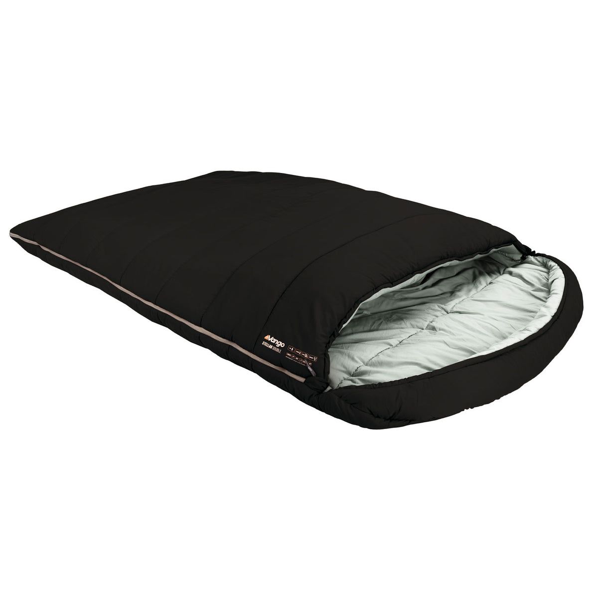 Black sleeping bag with white interior on a white background