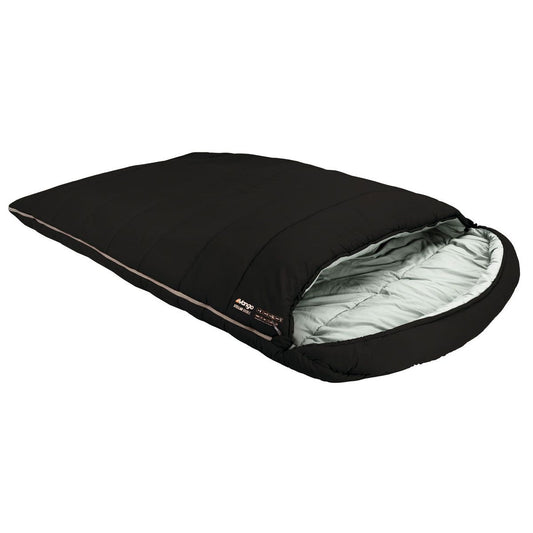 Black sleeping bag with white interior on a white background