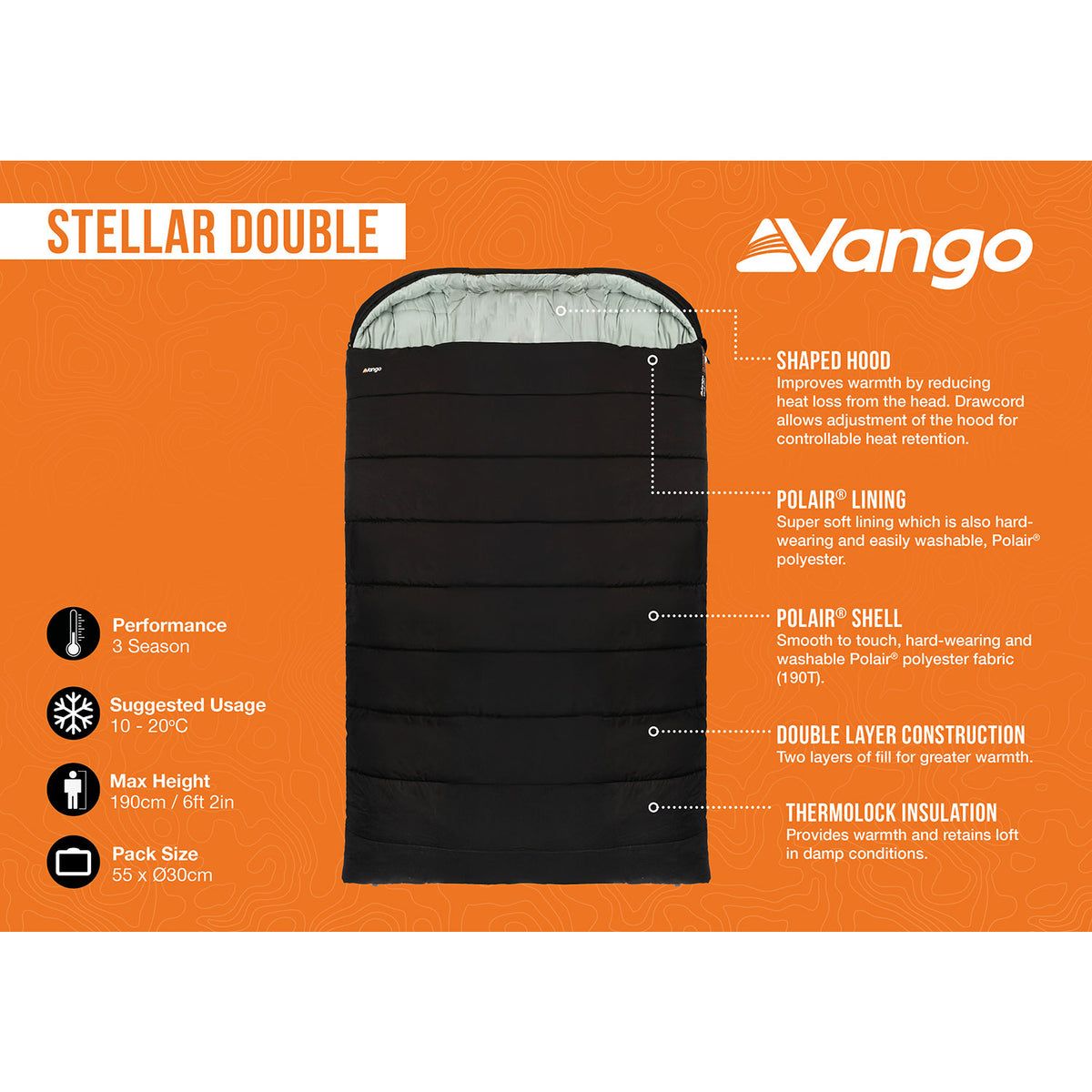 Vango Stellar Double sleeping bag with features and specifications on an orange background