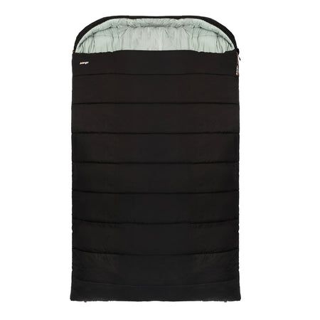 Black sleeping bag with a green interior on a white background