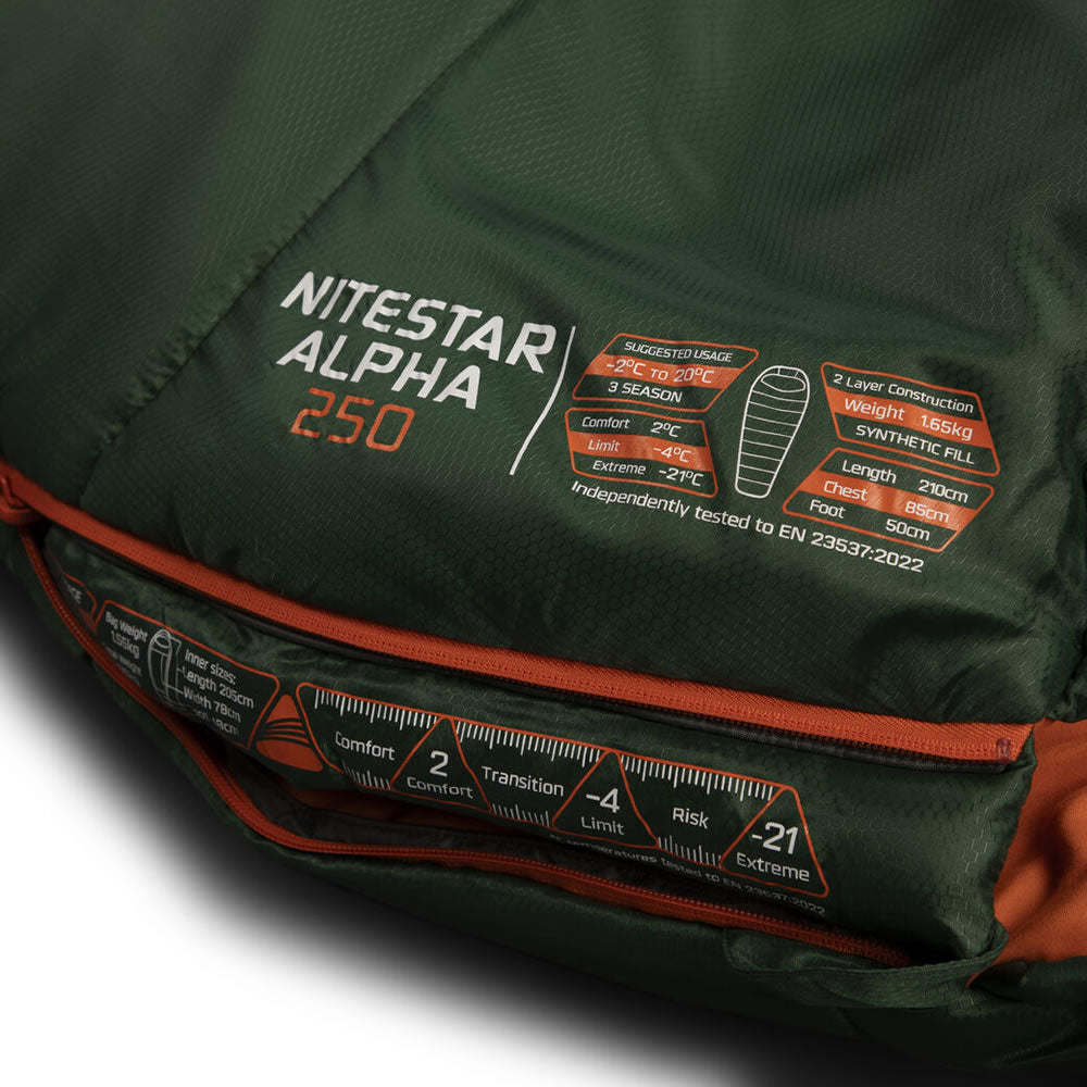 Close up of the opening of the Vango nitestar 250 in forest green showing technical details