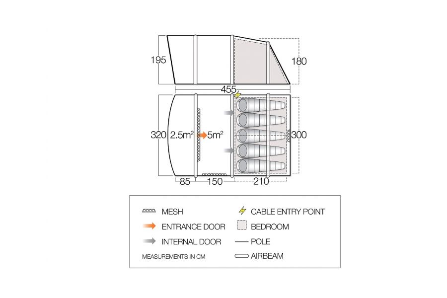 Vango Avington Flow Air 500 Best 5 Person Family Ait Tent at Kids Camping Store  size dimensions and layout