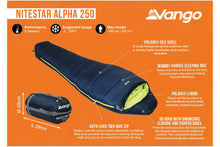 Load image into Gallery viewer, Technical view of Vango Nitestar Alpha 250 Children&#39;s Sleeping Bag in Ocean Green 
