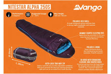 Load image into Gallery viewer, Technical diagram of of Vango Nitestar 250S (short) childrens sleeping bag in pheonix purple
