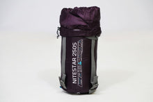 Load image into Gallery viewer, Vango Nitestar 250S (short) childrens sleeping bag in pheonix purple in bag stood on end
