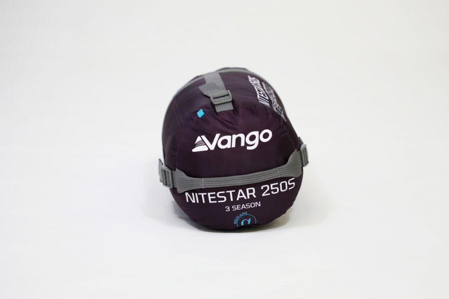 Vango Nitestar 250S (short) childrens sleeping bag in pheonix purple laid open in bag viewed from end