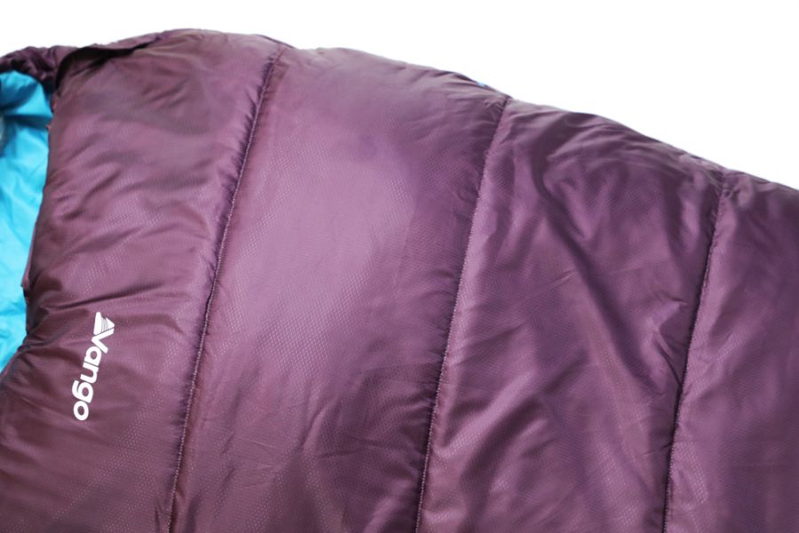 Close up near neck of Vango Nitestar 250S (short) childrens sleeping bag in pheonix purple