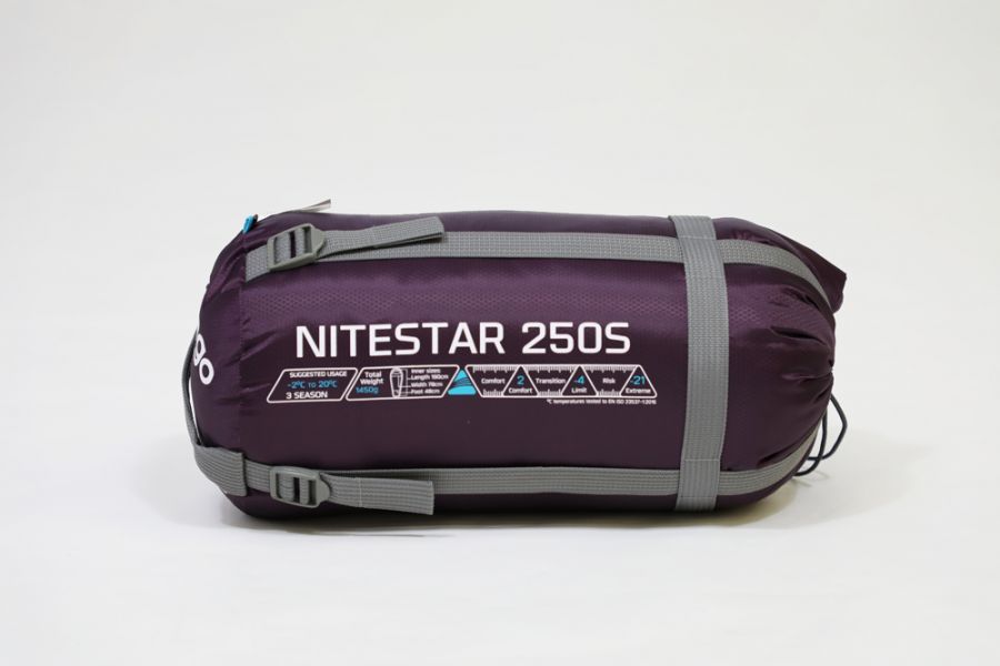 Vango Nitestar 250S (short) childrens sleeping bag in pheonix purple in bag
