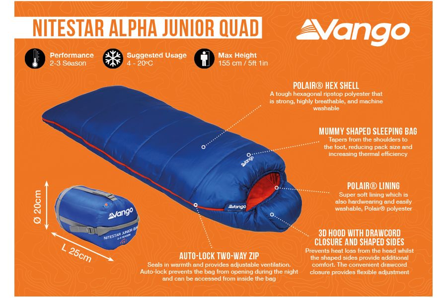 Technical view of Vango Nitestar Junior QUAD Children's Sleeping Bag in Classic Blue 