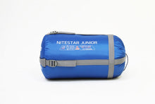 Load image into Gallery viewer, Vango Nitestar Junior QUAD Children&#39;s Sleeping Bag in Classic Blue in bag
