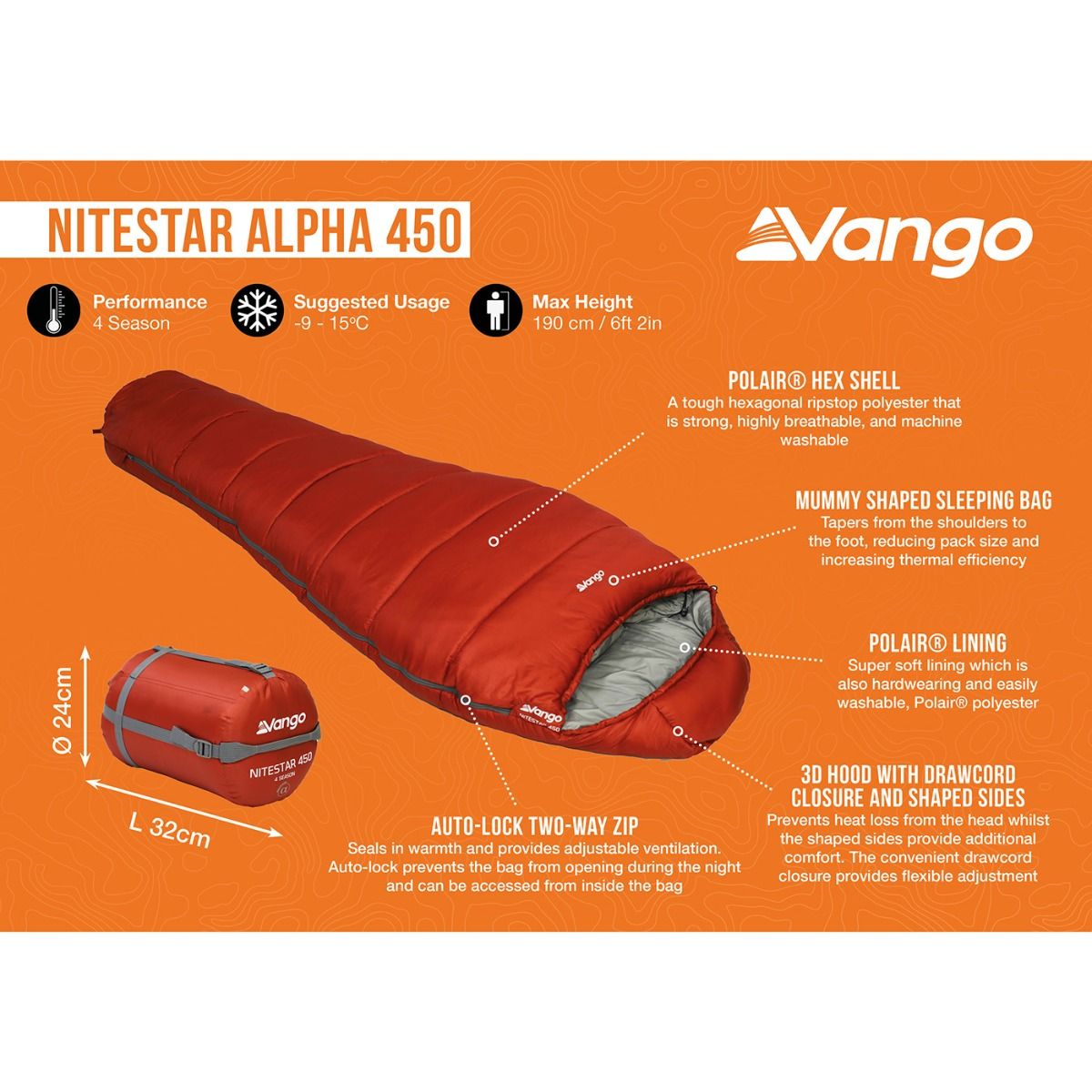 Vango Nitestar Alpha 450 4 season childrens sleeping bag tech sheet