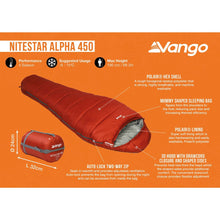 Load image into Gallery viewer, Vango Nitestar Alpha 450 4 season childrens sleeping bag tech sheet
