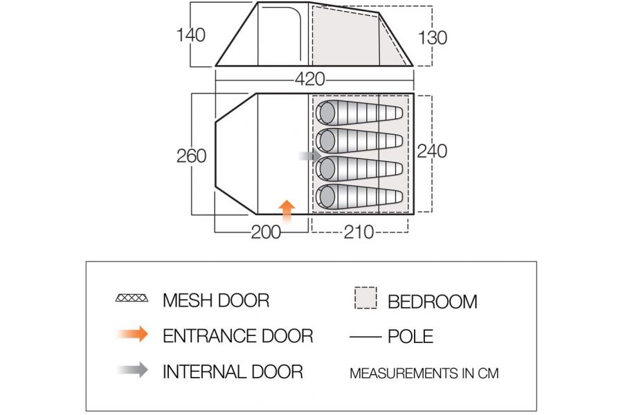 Vango Skye 400 4 Person Family Tent size and layout diagram