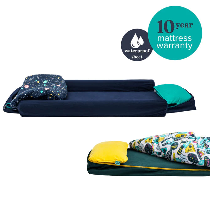 Toddler Bundle Bed Camping and Sleepover Bed, in Space and adventure designs. The best camping and sleepover toddler bed, shown rolled out