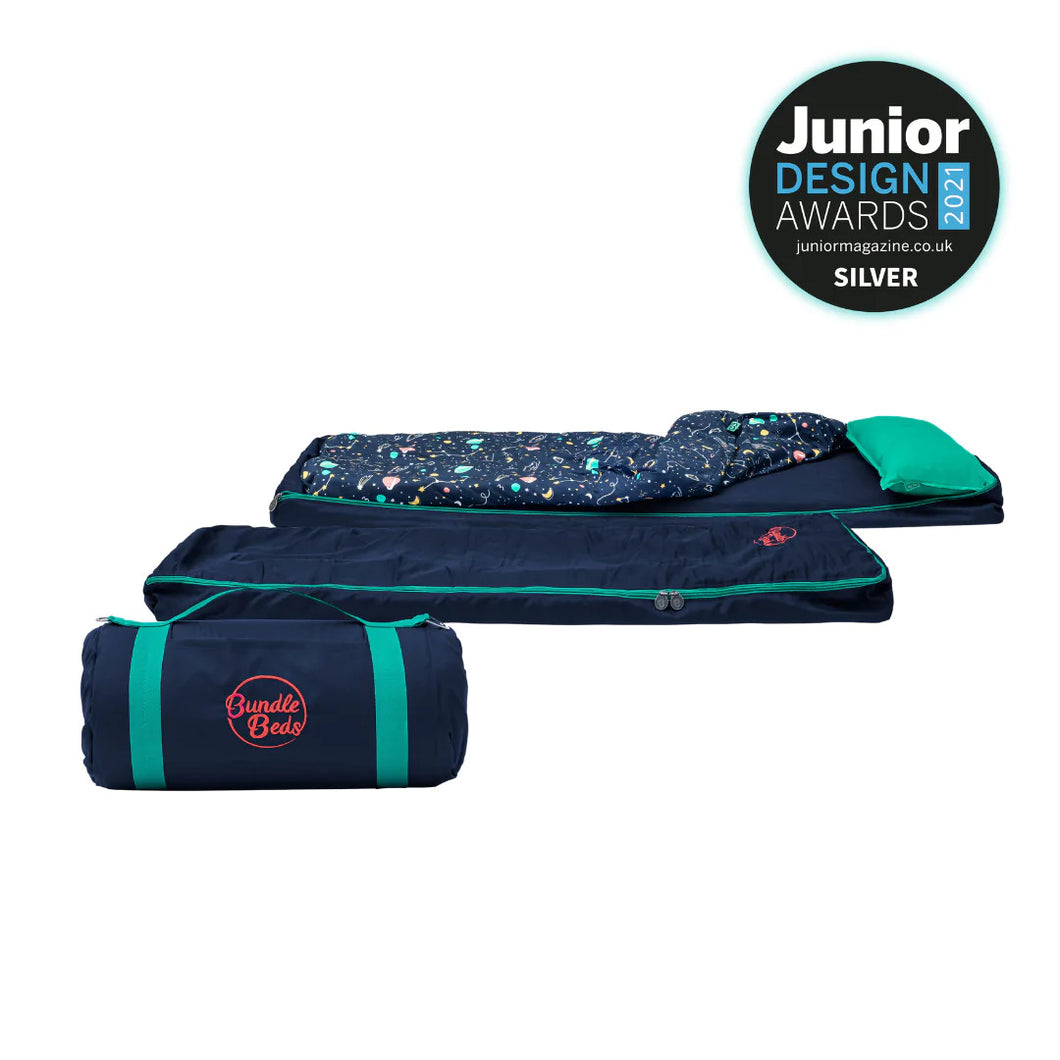 Junior Bundle Bed Camping and Sleepover Bed, in Space Design.  The best camping and sleepover kids bed, Shown rolled out, rolled up, and bundled.