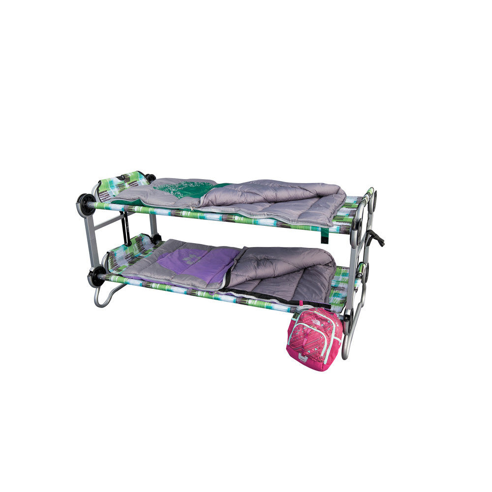 Kid o Bunk with "Block Pattern" Camping Bunk Beds with sleeping bags on top
