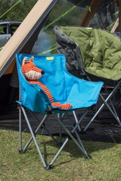 Toy fox sat in Blue folding children's camping chair, at Kids Camping Store