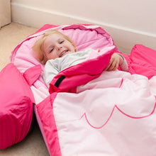 Load image into Gallery viewer, Owl Snuggle Pod in use; children&#39;s air bed for camping (similar to a ReadyBed)
