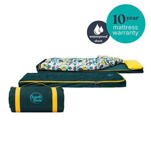Junior Bundle Bed Camping and Sleepover Bed, in Adventure Design. The best camping and sleepover kids bed, Shown rolled out, rolled up, and bundled.