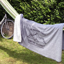 Load image into Gallery viewer, Personalised Family Camping Blanket hung over hammock
