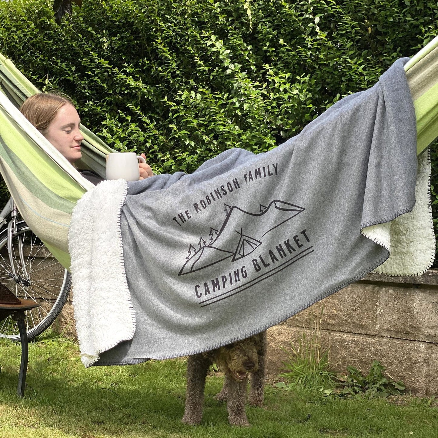 Personalised Family Camping Blanket in use
