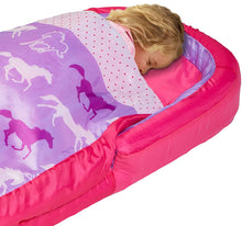 Load image into Gallery viewer, Closeup of Girl asleep in MyFirst ReadyBed with purple horses design
